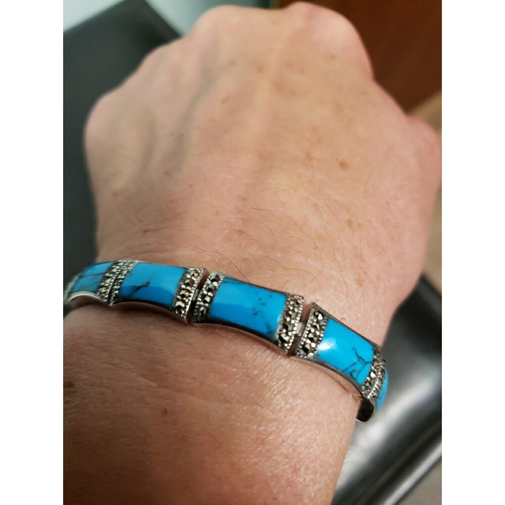 STERLING SILVER TURQUOISE/BLACK SPINAL BRACLET 7.5 INCHES*PICS DON'T DO JUSTICE*
